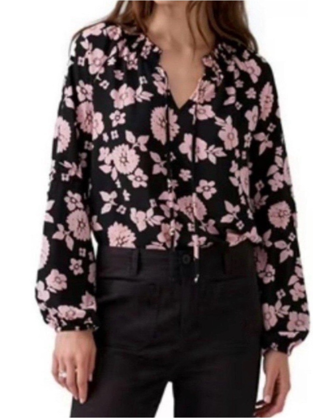 SOCIAL STANDARD BY SANCTUARY Tallie Peasant Blouse M 21” Black/Pink Poppy NWOT